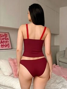 PetitDoll 女款蕾絲拼接內衣套裝 2件組 - 紅色 - 查看 2