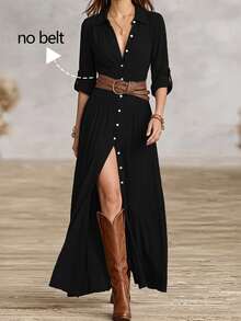 Hotletica Women's Lapel Pleated Waist Single-Breasted Long Dress In Army Green - Black - View 4