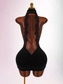 Amplova Women's Knit Long Sleeve Backless Fitted Bodycon Mini Dress With Flare Sleeves - Black - View 5