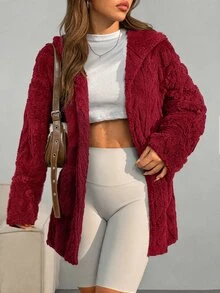 SHEIN EZwear 冬季寬鬆休閒白色凹凸毛絨落肩口袋拼接長袖連帽外套 - 酒紅色 - 查看 7