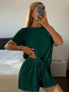 Livesso 女款夏季舒適純色極簡休閒針織密邊波浪邊居家服套裝睡衣 深綠色 - 墨綠色 - 查看 5