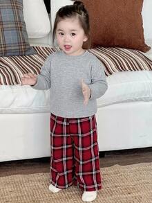 Dazy Kids 嬰兒女童休閒圓領T恤與格紋休閒長褲2件套居家服 - 灰色 - 查看 1