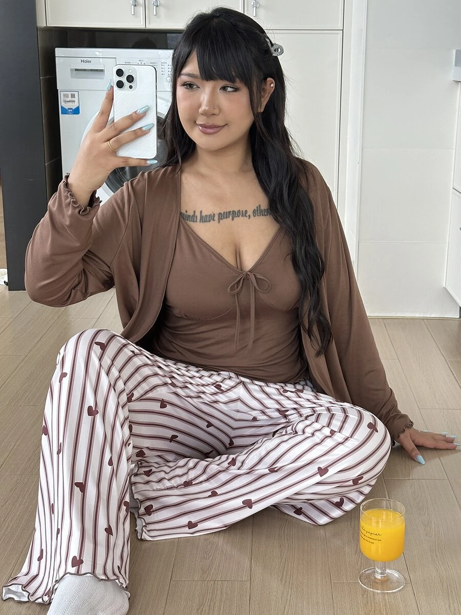 ZzzCrew Plus Size Lace-Up Camisole Top And Heart Stripe Print Long Pants With Frill Trim Cardigan Pajama Set - Brown - View 1