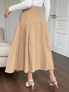 Dazy Plus Autumn/Summer New High Waist Single-Breasted Decorative Pleated Solid Color Loose A-Line Mid-Length Skirt Brunch Office Elegant Business Casual - Khaki - View 2
