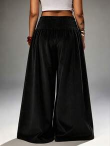 Rustia Plus Size Cinched Waist Corduroy Wide Leg Pants, Draped Casual Women's Trousers, Daily Commute Party Outfit Pants Fall - Black - View 2