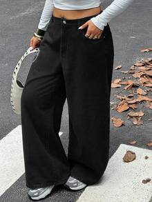 Dazy Plus Plus Size Women's Letter Rhinestone Korean Style Loose Long Denim Jeans - Black - View 6