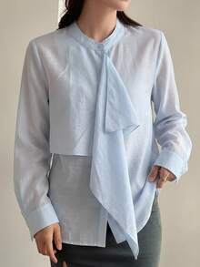 DAZY Solid Color Loose Fit Elegant Formal Vacation Korean Style Spring Autumn Long Sleeve Blouse For Women - Blue - View 6