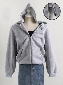 SHEIN Autumn/Winter Girls' Hooded Zip-Up Jacket - Mixed Street Style, Rhinestone Sweatshirt Knit Fabric Suitable For Autumn/Winter, Slightly Oversized Fit With Growth Room, Campus To Street Instant Transformation Into Energetic Girl! - Grey - View 3