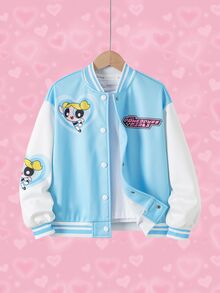 THE POWERPUFF GIRLS X SHEIN Tween Girl Letter Cartoon Print Baseball Collar Jacket - Multicolor - View 2