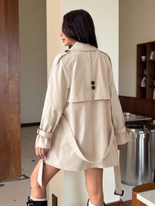 SHEIN EZwear 女款新款純色雙排扣長袖中長款風衣 - 杏色 - 查看 2