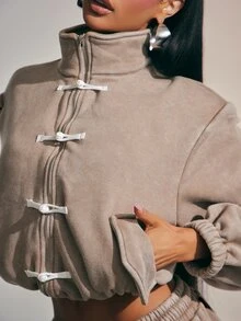 Denimoi Washed Sweatshirt Zip Front Sweats High Neck Pankou Buttons Knotted Button Loungewear Airport, Comfy Daily, Co-Ord Set - Grey - View 7