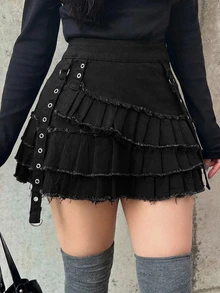 Dazy Plus Pleated Patchwork Design Korean Style Girl Hot Girl Mini Denim Skirt - Black - View 1