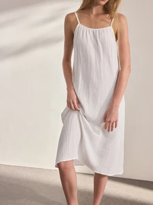 Ocili Women's Solid Color Pure Cotton Tie Strap Nightgown Loungewear Dress - White - View 4