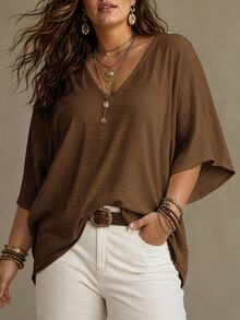 Ceyna Blus Wanita Ukuran Besar Gaya Prancis Kasual Elegan Leher V Lengan 3/4 - Coklat - View 5
