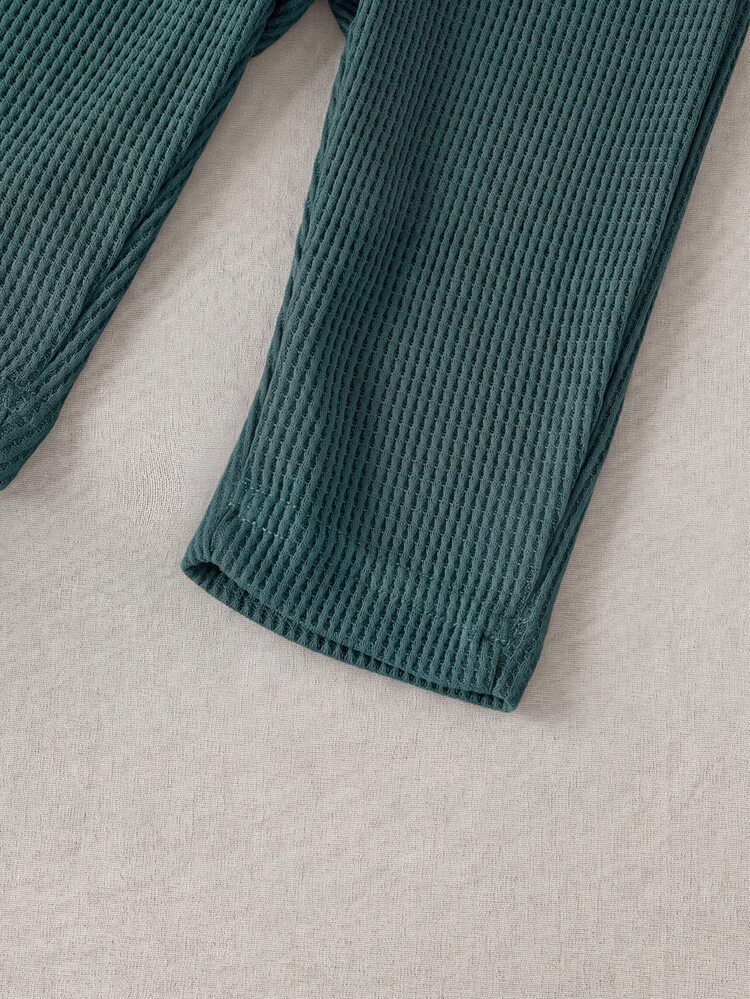 SHEIN Playful Pals 2pcs Toddler Boy Henley Top + Pants Preppy Dark Green Waffle Striped Button Long Sleeve Round Neck Regular Party Fall Active Waist - Army Green - View 5