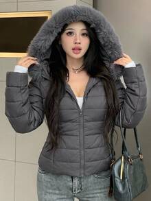 DAZY 女款休閒修身填充外套，毛領拼接設計，秋冬款 - 灰色 - 查看 3