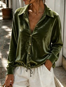 Holdful Holdful Women's Solid Color Single-Breasted Casual Daily Wear Shirt - Dark Green - View 1