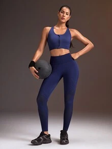 Powerista حمالة صدر رياضية للنساء بلون موحد مع سحاب أمامي وتصميم متقاطع من الخلف للاستخدام اليومي واللياقة البدنية - الأرجواني - مشاهدة 5