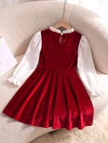 SHEIN 1件女童秋冬復古甜美風天鵝絨面料蝴蝶結裝飾手工串珠細節泡泡長袖荷葉領2合1A字裙，寬鬆版型，適合派對、假日、外出及春秋穿著 - 紅色 - 查看 2