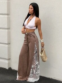 Rivivi 高腰寬鬆對比蕾絲大尺碼女款寬腿牛仔褲，秋冬款 - 卡其色 - 查看 5