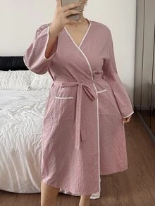 Napfluff CURVE Napfluff CURVE Minimalist Contrast Trim Tie Waist Plus Size Double Pocket Women's Robe - Pink - View 8
