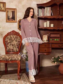 Côtesoire Set Piyama Wanita Motif Renda Patchwork Romantis Elegan Prancis - Plum Brown - View 7