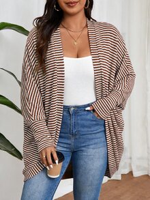 SHEIN Frenchy 大尺碼女款休閒寬鬆羅紋刷毛針織開襟外套，日常外出穿搭，秋冬休閒外套 - 咖啡棕 - 查看 7