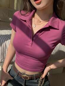 DAZY 女款領口短袖修身性感休閒套頭街頭風T恤 - 淡紫色 - 查看 3