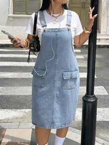SHEIN CURVE+ Plus Size Women's Cargo Pocket Overall Washed Denim Dress - Light Wash - View 4