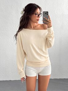 SHEIN EZwear 女款純色百褶不對稱領長袖連帽衛衣，畢業季/返校穿搭，畢業禮服，女教師服裝，秋冬返校 - 杏色 - 查看 4