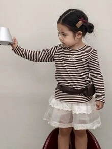 DAZY Baby Girl Round Neck Striped Bow Embroidery Long Sleeve Top - Black and White - View 7