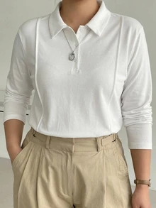 Dazy Plus Minimalist Half-Button Front Casual White Long Sleeve Versatile T-Shirt - White - View 1
