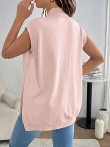SHEIN 孕婦純色立領側開衩下擺休閒針織背心 - 粉色 - 查看 2
