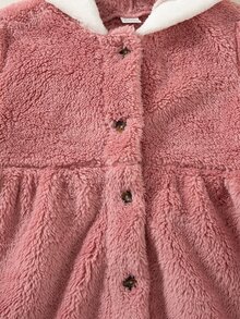 SHEIN 1件女嬰毛絨外套 可愛甜美公主風 粉色 3D熊耳朵 壓褶下擺 毛絨長袖連帽加厚款 冬季秋季節日波爾多紅 - 粉色 - 查看 3