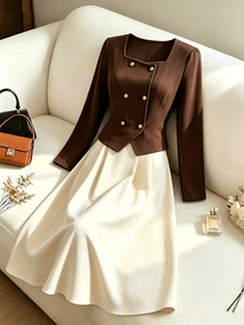 GlowEve CURVE Plus Size Autumn/Winter Elegant Commuter Square Neck Front Metal Button Jacket & A-Line Skirt 2 Pieces Set - Coffee Brown - View 4