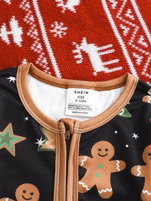 SHEIN Infant Christmas Contrast Color Realistic Cookie Print Fitted One-Piece Pajamas, Footed Long Sleeve Jumpsuit - Multicolor - View 3