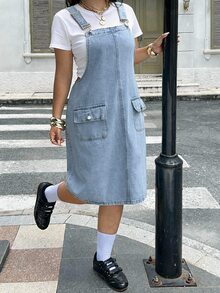 SHEIN CURVE+ Plus Size Women's Cargo Pocket Overall Washed Denim Dress - Light Wash - View 6