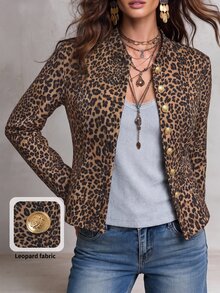 Solivie 女款豹紋印花夾克，通勤辦公時尚豹紋夾克，適合女性，秋季女裝，冬季女大衣，優雅70年代復古風 - 彩色 - 查看 4