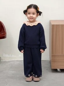 DAZY Baby Girl Contrast Color Long Sleeve Top And Pants Casual Everyday Knit Set - Grey - View 3