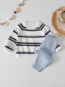 SHEIN 嬰兒/幼兒（男童）毛衣套裝，秋冬服飾，藍色條紋學院風休閒款，適合返校、派對、日常穿著 - 藍色 - 查看 1