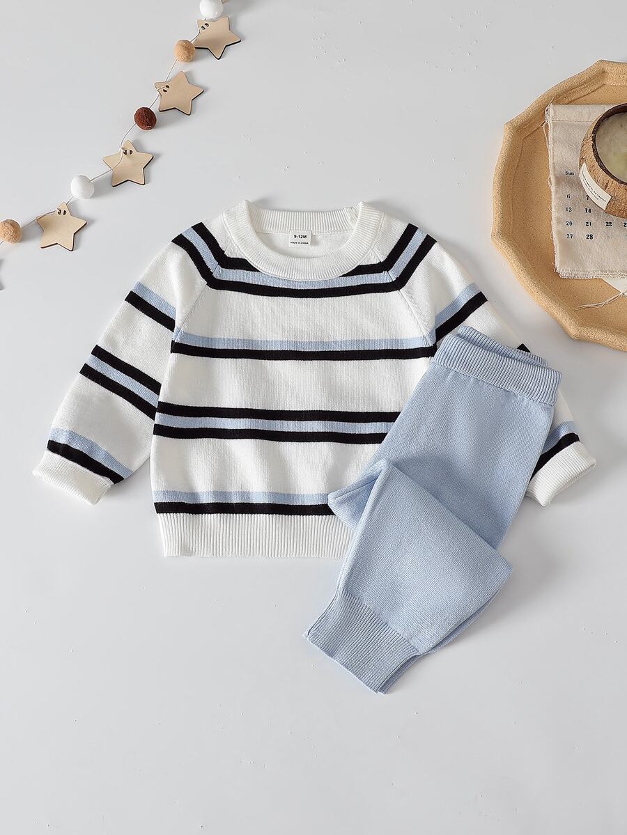 SHEIN 嬰兒/幼兒(男童)毛衣套裝,秋冬服飾,藍色條紋學院風休閒款,適合返校、派對、日常穿著 - 藍色 - 查看 1