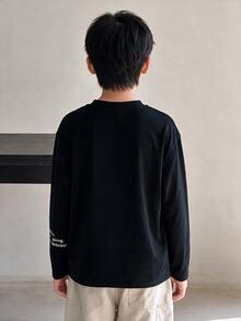 兒童青少年男孩韓系休閒字母圖案舒適針織面料長袖T恤，柔軟時尚簡約百搭實用，適合春夏，完美適配日常穿著、戶外玩耍、運動、上學、街頭風、派對與居家休閒 - 黑色 - 查看 4