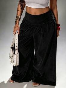 Rustia Plus Size Cinched Waist Corduroy Wide Leg Pants, Draped Casual Women's Trousers, Daily Commute Party Outfit Pants Fall - Black - View 5
