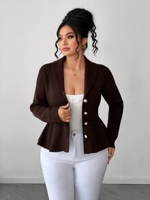 Elenzga Plus Size Women's Solid Color Casual Versatile Daily Cardigan - Coffee Brown - View 6