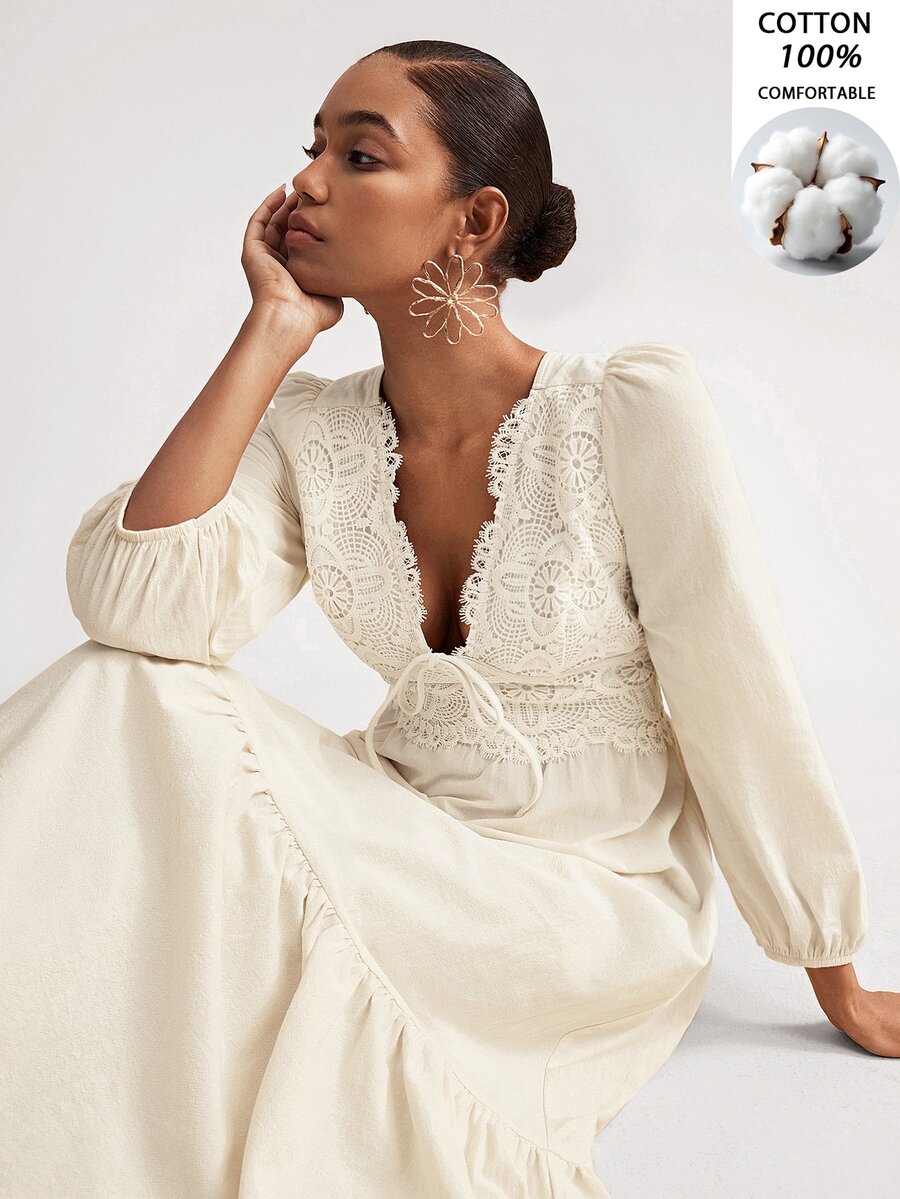 Travachic Elegant Lace Long Sleeve Dress - Apricot - View 1