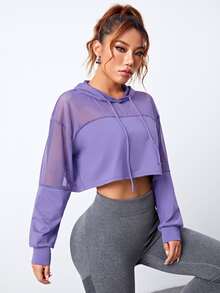 SHEIN Velisys 女款純色拼接網布連帽運動運動衫 - 彩色 - 查看 3