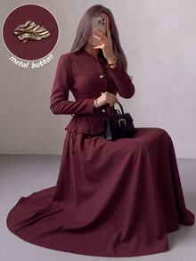 Modelyn 酒紅色荷葉邊飾綁帶收腰長袖上衣與長裙兩件套，復古優雅正式套裝，適合早午餐、辦公室、秋季穿搭 - 酒紅色 - 查看 2