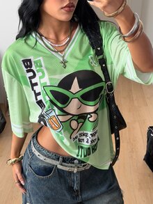 Coolane THE POWERPUFF GIRLS X SHEIN Plus Size Cartoon Print Contrast Color Short Sleeve Mesh T-Shirt - Multicolor - View 1