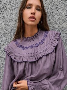 Nöista Blus Longgar Berkerut dengan Bordir Bunga - Dusty Pink - View 3