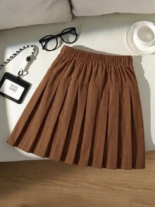 Tween Girls Brown Pleated Mini Skirt, Bow Button Decor A-Line Skirt, Sweet Preppy Style For Autumn - Rust Brown - View 2